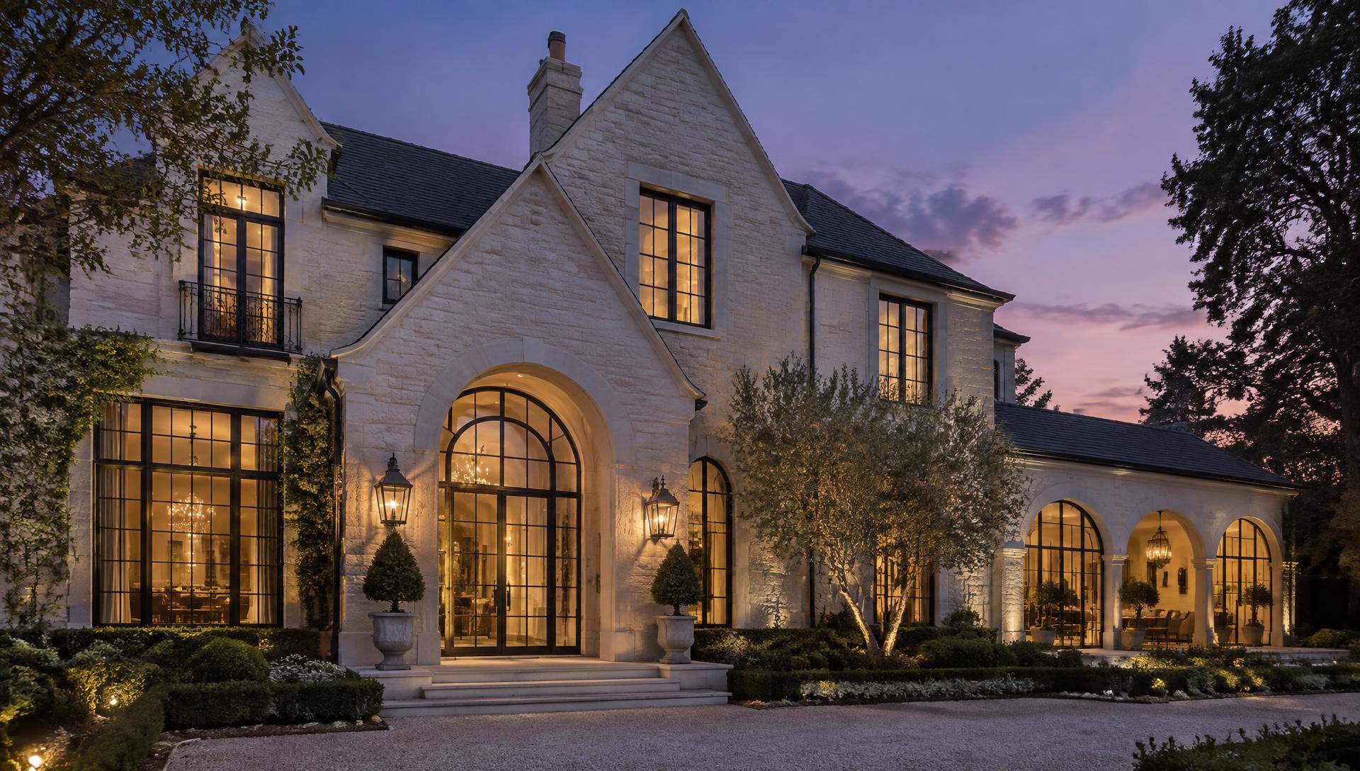 A limestone home at dusk with steel-grid windows glowing amber
